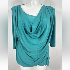 NWT Keren Hart Draped Cowl Neck Green 3/4 Sleeve Tunic Top Shirt Sz Large L